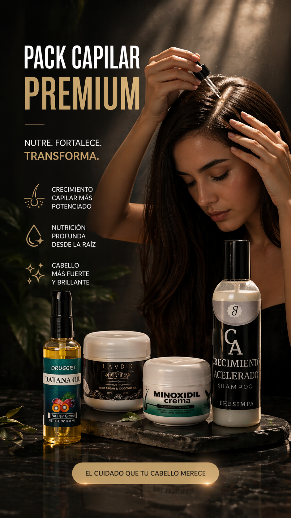 Kit de crecimiento capilar 4 en 1 con aceite de Batana, producto de bienestar para fortalecer y estimular el cabello.