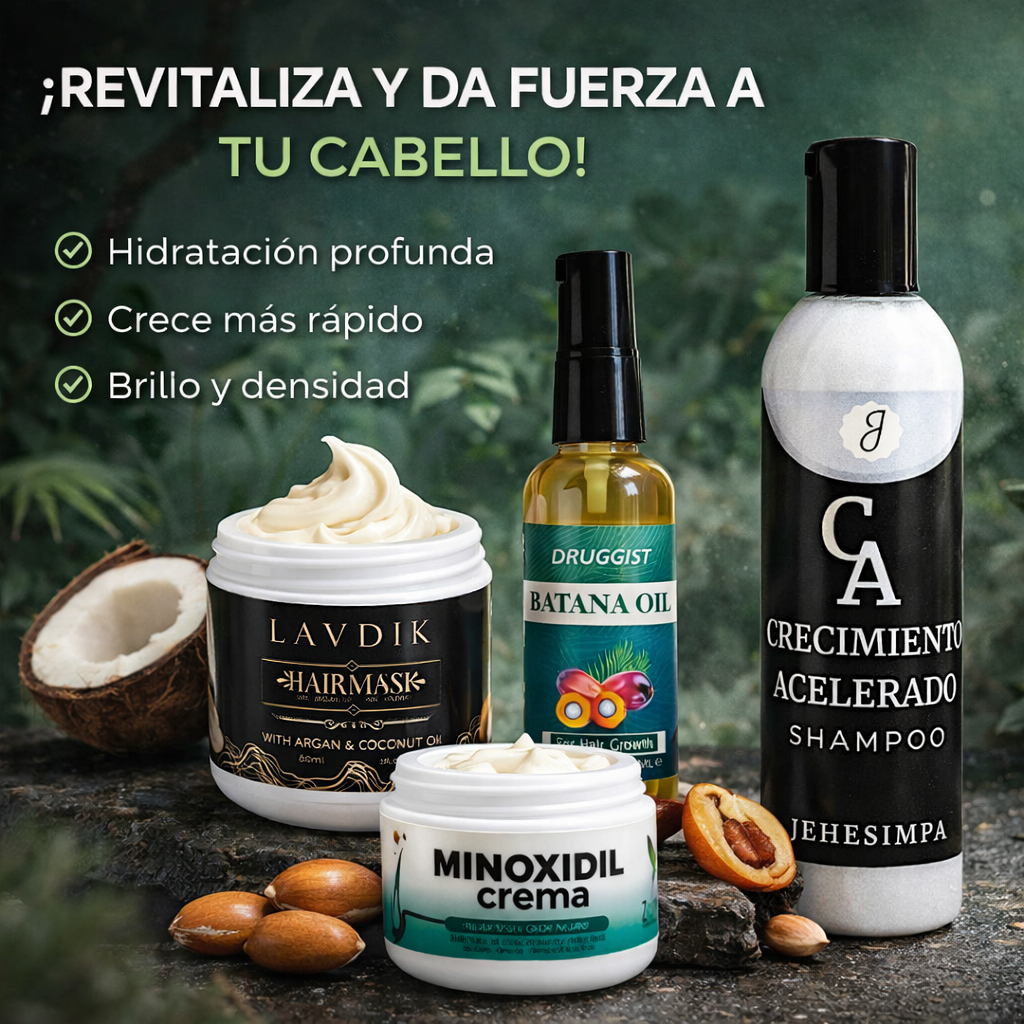 Kit de crecimiento capilar 4 en 1 con aceite de Batana, productos de bienestar para fortalecer y revitalizar el cabello.