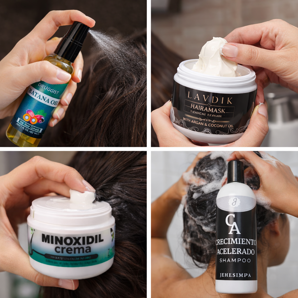 Kit de crecimiento capilar 4 en 1 con aceite de Batana, incluye frascos y productos para el cuidado del cabello en bienestar.